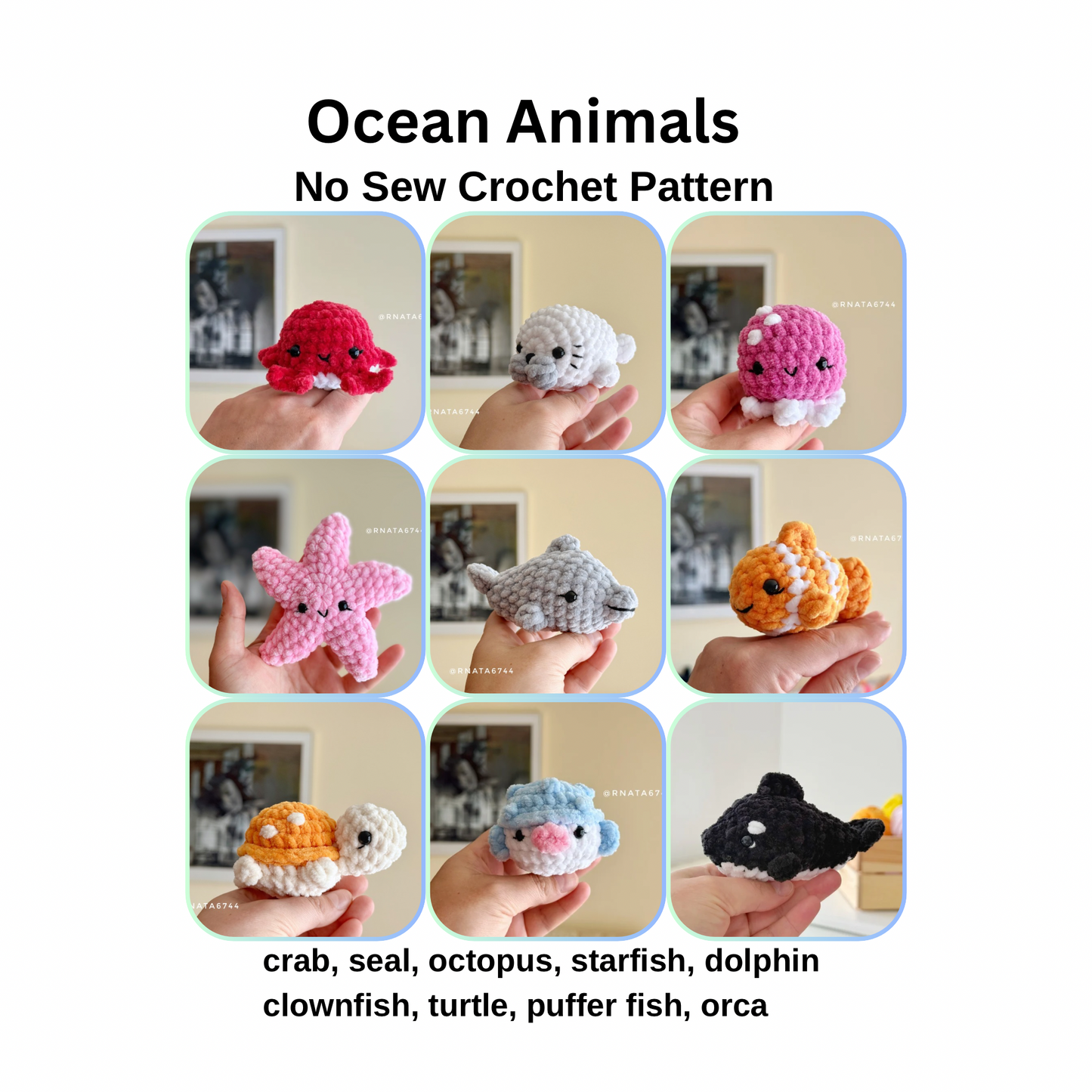 Rnata - Mini Ocean Animals Bundle 9, No-Sew Pattern (PDF)