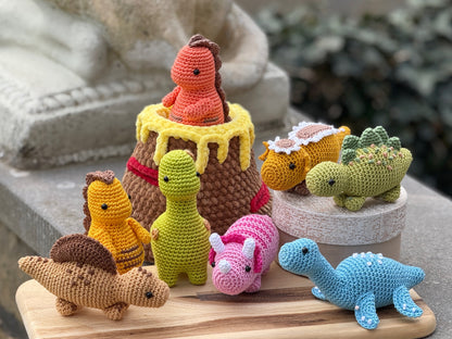 Rnata - Crochet Mini Dinosaurus with Volcano, Low-Sew Pattern (PDF)